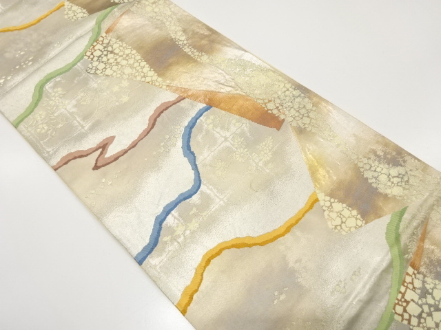 アンティーク　幾何学に箔散らし・草花模様織出し袋帯（材料）